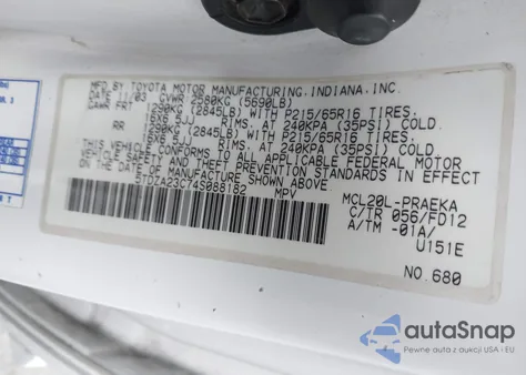 2004 Toyota Sienna Ce z USA, uszkodzony, nr VIN 5TDZA23C74S088182